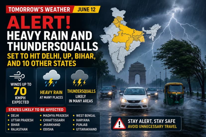 Tomorrow’s Weather (June 12): Alert! Heavy Rain and Thundersqualls Set to Hit Delhi, UP, Bihar, and 10 Other States; Winds Up to 70 kmph Expected